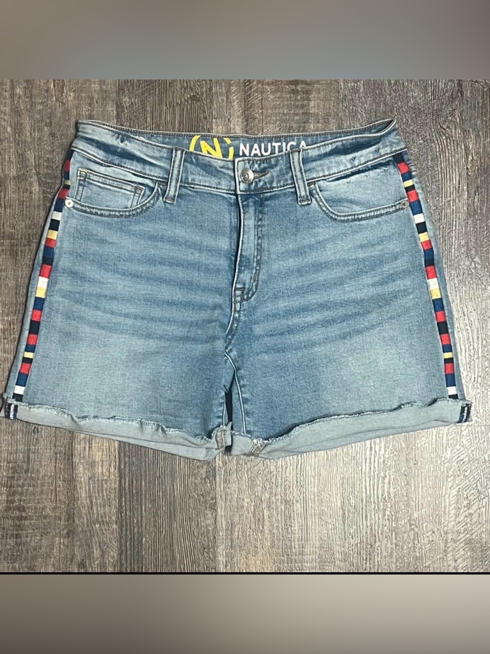 Nautica Light Blue Denim Shorts with Red, Yellow & Navy Side Stripes
